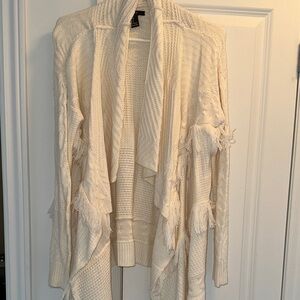 Open-Front Fringe Cardigan Sweater - Cream
